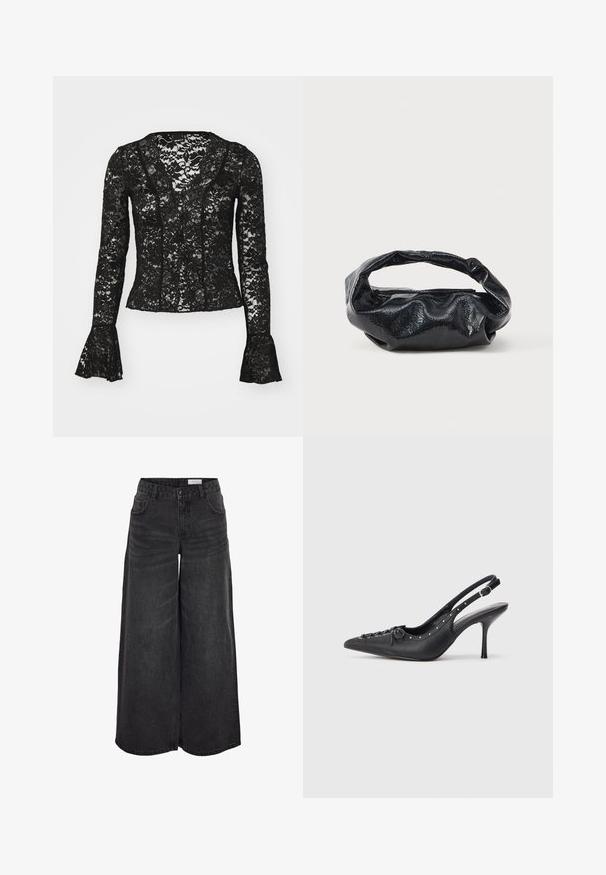 Sort blonde top med V-udskæring, lange ærmer med flared manchetter og et blomsterdesign i hele. Elegant og gennemsigtig.; Bredde ben sorte denimshorts med høj talje, forlommer og subtil tekstur; designet til en afslappet pasform.; Sorte læder slingback stiletto med spids tå, side spændebånd, nitter langs kanten og dekorativ snøring foran.; Sort taske lavet af blankt, tekstureret materiale med et cirkulært, snoet håndtag og lynlås. Har et blødt, rynket design.