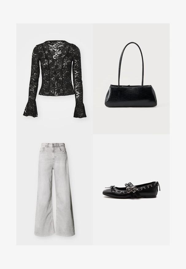 Sort blonde top med V-udskæring, lange ærmer med flared manchetter og et blomsterdesign i hele. Elegant og gennemsigtig.; Lysegrå jeans med vid ben lavet af denim, med høj talje, forlommer og knaplukning. Glat tekstur med et diskret falmet look.; Sort flad balletsko med dobbelt spænde, sølvøjer og en lille sløjfe nær den runde tå på en hvid baggrund.; Sort rektangulær skuldertaske med lange tynde stropper og en glat, blank tekstur på en ensfarvet baggrund.