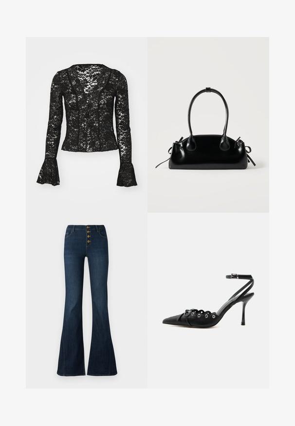Sort blonde top med V-udskæring, lange ærmer med flared manchetter og et blomsterdesign i hele. Elegant og gennemsigtig.; Mørkeblå højtaljede jeans med flagrende ben og fire synlige brune knapper foran lynlåsen mod en hvid baggrund.; Sort spids hæl med bølgede kanter, metaløjer, snørelukning foran og ankelrem med spænde.; Lille sort blank håndtaske med to lange håndtag og snøre-detaljer i siden på en ensfarvet lys baggrund.