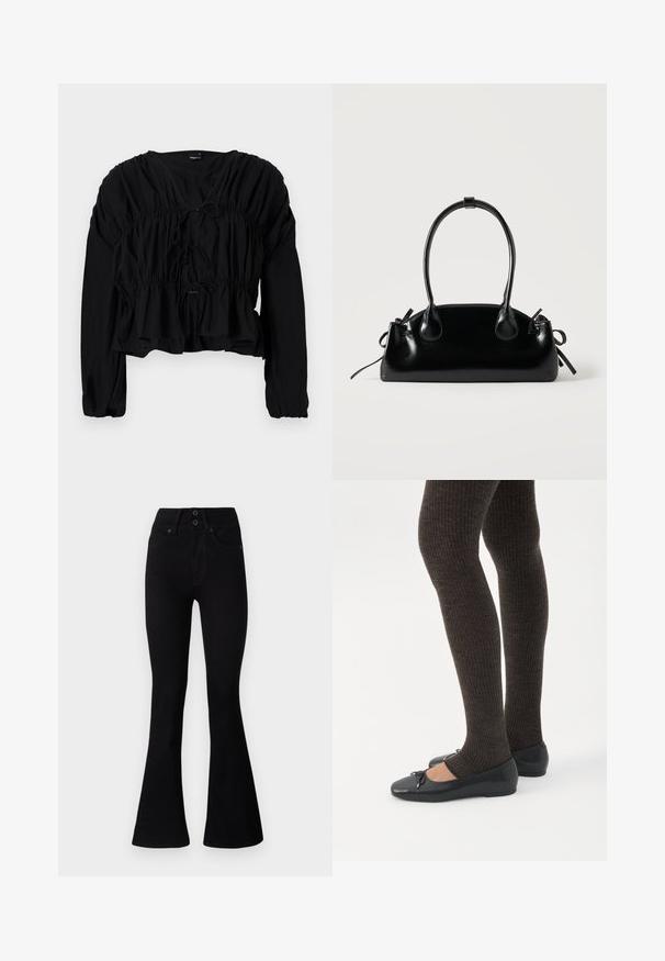 Must matte pikkade varrukatega pluus, millel on kogutud talje ja ees sidumisdetail. Omab V-kaelust ja lõdva istuvusega tekstuurset kangast.; Pepe Jeans FLARE CONTOUR - Alt laienevad teksad - black denim; Jalad seljas tumedad soonelises soonelises kombines mustade baleriinadega, millel on väikesed paelade detailid valgel taustal.; Väike must läikiv käekott kahe pika sangaga ja külgedel paelakinnitustega, ühel lihtsal helel taustal.