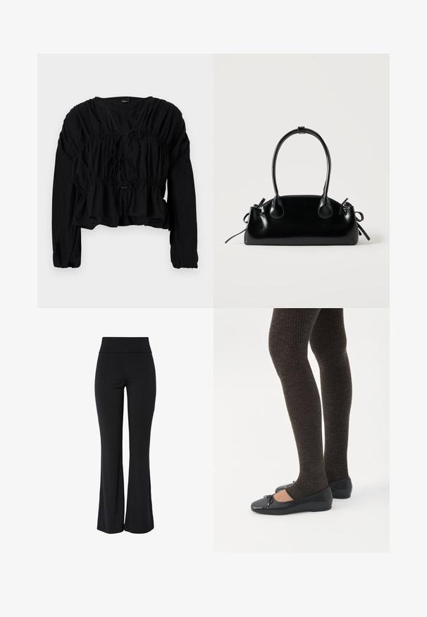 Blouse noire à manches longues avec taille froncée et détail de lien à l'avant. Présente un décolleté en V et une coupe lâche avec un tissu texturé.; Pantalon noir taille haute extensible avec jambe légèrement évasée et design lisse sans coutures, sur fond blanc.; Jambes portant des leggings côtelés foncés associés à des ballerines noires avec de petits détails en nœud sur fond blanc.; Petit sac à main noir brillant avec deux longues anses et des détails à cordon sur les côtés sur un fond clair uni.