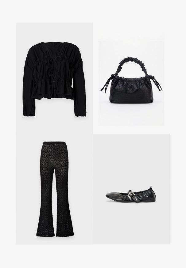 Blouse noire à manches longues avec taille froncée et détail de lien à l'avant. Présente un décolleté en V et une coupe lâche avec un tissu texturé.; Pantalons en dentelle noire avec un motif en zigzag et des jambes évasées, dotés d'une taille élastique.; Chaussure plate en cuir noir avec un nez pointu, des détails froncés autour de l'ouverture et un accent en boucle argentée sur la bride ajustable.; Sac à main noir avec texture crocodile, bord supérieur froncé, poignée plissée et pompons à cordon de chaque côté sur fond blanc.