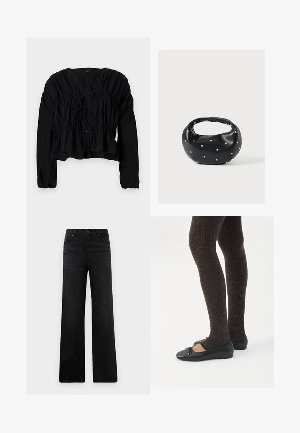 Schwarze Bluse mit langen Ärmeln, gerafftem Bund und Frontknoten. Sie hat einen V-Ausschnitt und ist lässig geschnitten mit einem strukturierten Stoff.; Schwarze Jeans im weit geschnittenen Stil aus Denim mit klassischem Fünf-Taschen-Design, Knopfverschluss und subtiler Textur. Klare Linien und minimale Verzierungen.; Beine in dunklen, gerippten Leggings kombiniert mit schwarzen Ballerinas mit kleinen Schleifendetails auf weißem Hintergrund.; Schwarze Lederhandtasche mit abgerundeter Form, verziert mit silbernen Nietenakzenten und kurzem Griff. Glatte Struktur und Reißverschlussverschluss.
