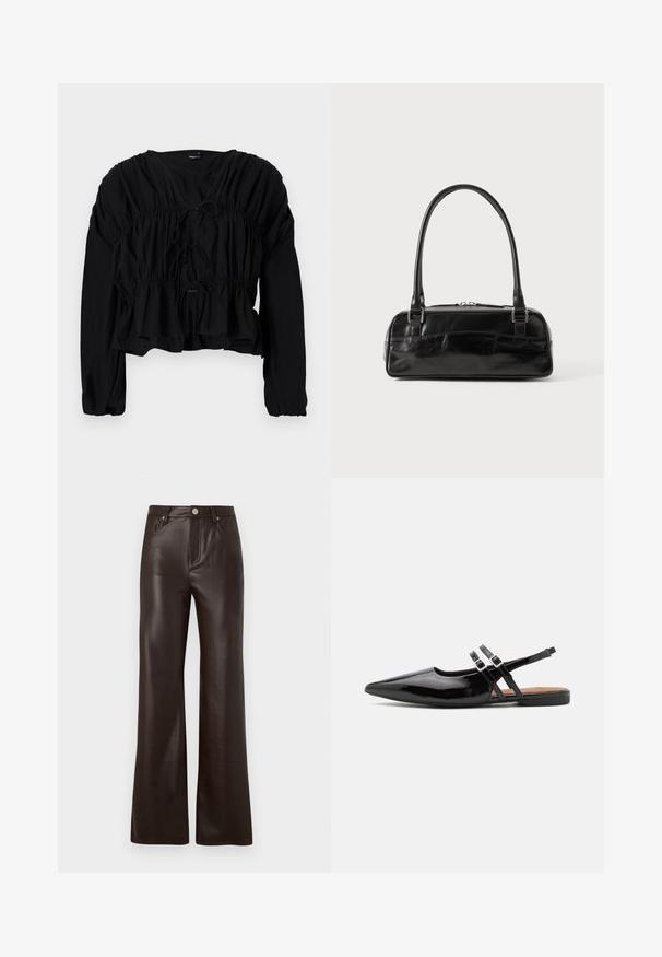 Must matte pikkade varrukatega pluus, millel on kogutud talje ja ees sidumisdetail. Omab V-kaelust ja lõdva istuvusega tekstuurset kangast.; Vero Moda Wide-leg VMTESSA High rise - Püksid - chocolate torte; Mustad lakknahast slingback kingad on terava ninaga, kahe rihmaga, millel on klambriga aktsendid, ning lame tald.; Must must beebkott, millel on ristkülikuline kuju, ühekordne tahke käepide, hõbedased detailid ja lukuga sulgemine. Sile tekstuur.