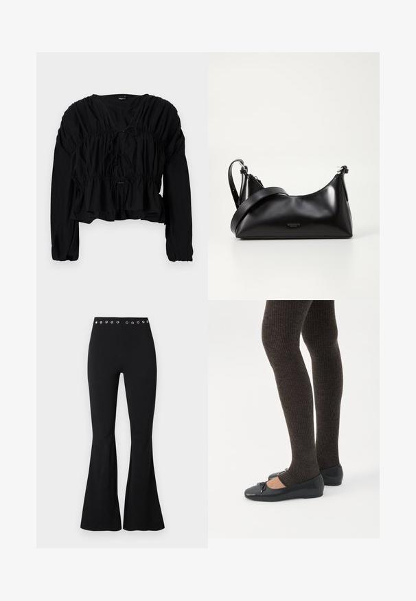 Blusa negra de manga larga con cintura fruncida y detalle de lazo en el frente. Cuenta con un escote en V y un corte holgado con una tela texturizada.; Pantalones ajustados negros de talle alto con ojales metálicos en la cintura y piernas acampanadas.; Piernas con leggings oscuros acanalados combinados con bailarinas negras que presentan pequeños detalles de lazo sobre un fondo blanco.; Bolso de mano de cuero negro con una textura suave. Cuenta con una correa ajustable y un diseño elegante y minimalista con cierre de cremallera.