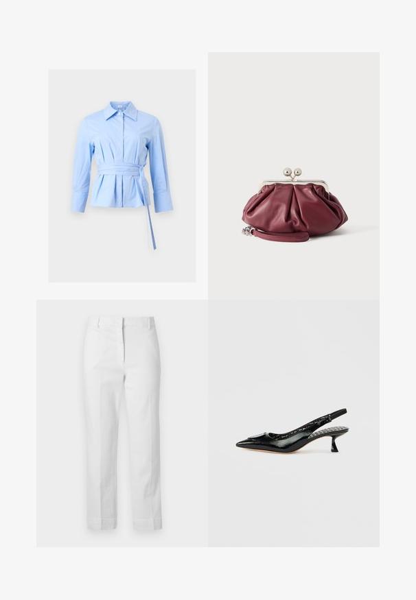 Blouse à manches longues bleu clair avec large col, fermeture à boutons, taille plissée et ceinture en tissu assorti nouée du côté droit.; Pantalon blanc taille haute à jambes droites avec passants de ceinture, fermeture éclair avant et poches latérales, présenté sur un fond uni.; Escarpins à talons slingback en cuir verni noir avec bout pointu, surface texturée et petit talon. Intérieur avec une doublure à motifs et texte.; Petite pochette en cuir bordeaux avec fermoir en métal argenté et bracelet pour poignet sur fond blanc.