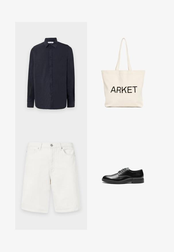 Samsøe Samsøe RYAN SHIRT - Pluus - salute; Valged denim lühikesed püksid sirge lõikega, esitaskutega, vöökohaga, millel on vööd sulguri jaoks ja metallnupp. Sile tekstuur.; Must värvi nahast king, millel on sile viimistlus, ümar varvas, kuue silmaauguga paeltega disain ja lamedad kummitaldad.; Beežist lõuendist kandekott pikkade sangadega ja eespool musta värviga trükitud "ARKET" tekst.