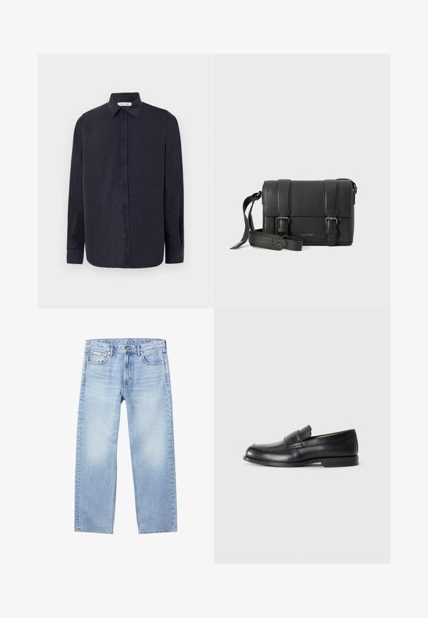 Samsøe Samsøe RYAN SHIRT - Hemd - salute; Hellblaue Jeans mit geradem Bein, vorderen Taschen, Gürtelschlaufen, Knopfverschluss und einem kleinen Calvin Klein-Label an der rechten vorderen Tasche.; Schwarze Leder-Loeffler mit abgerundetem Zehenbereich, gesteppten Details und einer flachen Gummisohle. Verfügt über ein breites Band über dem Fußrücken.; Schwarze Leder-Crossbody-Tasche mit strukturierter Oberfläche, doppelten Schnallenverschlüssen und einem verstellbaren Tragegurt. Verfügt über ein geprägtes Logo auf der Vorderseite.