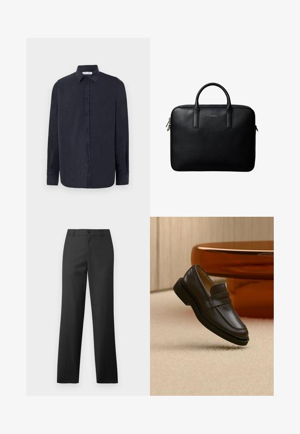 Samsøe Samsøe RYAN SHIRT - Hemd - salute; Samsøe Samsøe SAJOHNNY TROUSERS - Stoffhose - turkish coffee; Schwarzer Lederloafer, der über einem beigen Teppich mit braunen, abgerundeten Möbeln im Hintergrund schwebt.; Schwarze strukturierte Lederaktentasche mit zwei Griffen und silbernen Reißverschlussanhängern, zentriert auf weißem Hintergrund.