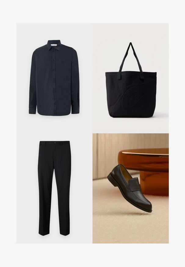 Samsøe Samsøe RYAN SHIRT - Hemd - salute; Schwarze maßgeschneiderte Hose mit flachem Frontschnitt, normaler Taille und geraden Beinen. Hergestellt aus glattem Material, mit einem einzelnen Knopfverschluss.; Schwarzer Leder-Loafer mit niedrigem Absatz, der über einem beigen Teppichboden nahe einem runden braunen Tisch schwebt.; Schwarze Canvas-Shopper-Tasche mit zwei Schulterriemen und einem dezenten, eingeprägten kreisförmigen Design auf der Vorderseite.