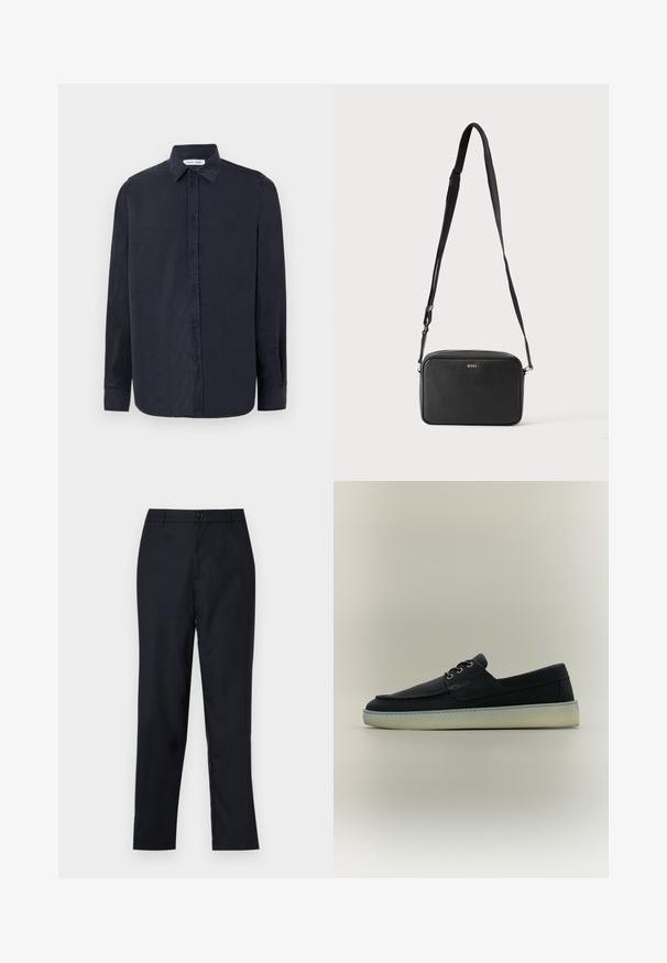 Samsøe Samsøe RYAN SHIRT - Hemd - salute; Marineblaue Hose aus glattem Stoff, mit geradem Beinschnitt, einem einzigen Knopfverschluss und dezenten vorderen Falten.; Schwarzer Freizeitschuh aus Leder in Boot-Schuh-Stil mit weißer Gummisohle und Schnürsenkeln, seitlich auf neutralem Hintergrund dargestellt.; Schwarze rechteckige Umhängetasche mit verstellbarem Riemen und BOSS-Logo auf der Vorderseite, vor einem einfarbigen hellen Hintergrund.