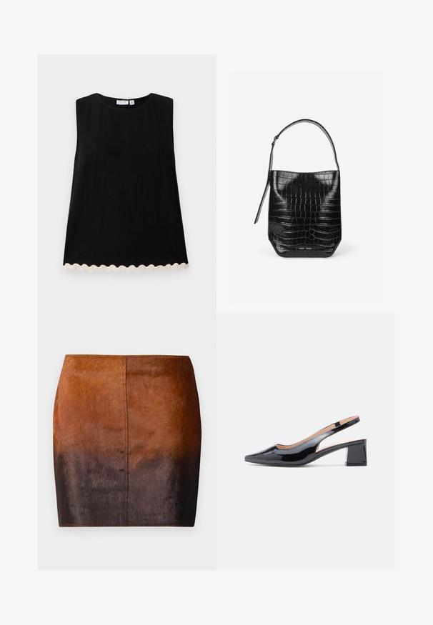 Zwarte mouwloze top met een ronde halslijn en een gestructureerde stof. De zoom heeft een geschulpte lichtgekleurde rand. Rechte silhouet.; Bruine gradient mini rok gemaakt van zachte material, met een gladde textuur, een aangesloten silhouet en nauwkeurige stiksels langs de randen.; Zwarte lakleren slingback pumps met een spits toelopende neus en een stevige blokhak, met een uitgesneden detail aan de zijkanten.; Zwarte embleem van krokodillenleer met een enkele schouderriem en een klein zilveren merkembleem aan de onderkant van de voorkant.