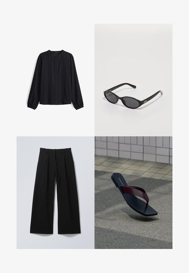 Schwarzes Langarmshirt mit vertikalem Rippstruktur, runder Halslinie und Knopfverschluss. Weicher Stoff mit leicht lockerer Passform.; Schwarze, weit geschnittene Hose mit Gürtelschlaufen, vorderen Falten und seitlichen Taschen, flach auf einem hellen Hintergrund ausgelegt.; Ein einzelner schwarzer Flip-Flop mit einem dunkelroten Riemen, der über einer grauen Asphaltfläche schwebt, mit beigem gepflasterten Bürgersteig im Hintergrund.; Schwarze Sonnenbrille mit runden Gläsern, glänzender Kunststofffassung und goldfarbenem "QUAY"-Logo an der Seite. Mit dunkel getönten Gläsern.