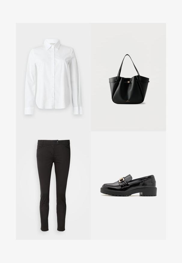 Camisa blanca de manga larga con botones, hecha de algodón. Cuenta con un cuello puntiagudo, una parte delantera completamente abotonada y puños con una textura suave.; Pantalones ajustados negros hechos de una mezcla de algodón elástico. Cuenta con cinco bolsillos, cierre de botón en la parte delantera y piernas ligeramente ajustadas.; Mocasines de charol negro con un bajo tacón cuadrado, que presentan una prominente hebilla en tono dorado y una suela texturizada con relieve.; Bolso tote de cuero negro con dos correas para el hombro, un pequeño cierre dorado y el logo "Anna Field" sobre un fondo blanco.