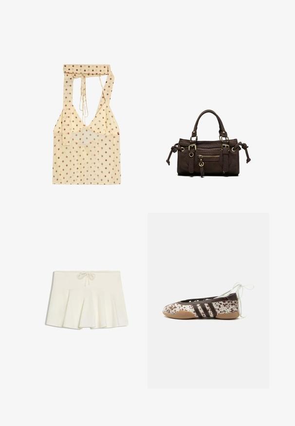 Haut beige à col licou avec des pois marron et un décolleté en V profond, doté de longues lanières pour nouer autour du cou.; Mini-jupe plissée blanche avec une taille à cordon et un tissu doux et structuré, posée à plat sur un fond blanc.; Chaussure de ballet plate avec un motif tacheté marron et blanc, trois bandes foncées sur le côté, semelle marron clair et lacets blancs à nouer à la cheville.; Sac à main en cuir marron foncé avec double poignée, poche avant zippée, boucles décoratives et nœuds latéraux sur fond blanc.
