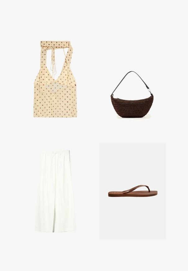 Beige haltertop met bruine polka dots en een diepe V-hals, voorzien van lange banden om rond de nek te strikken.; Witte linnen broek met brede pijpen, elastische tailleband en trekkoord, voorzien van zijzakken en een voorste split.; Bruine rubberen teenslipper met een gestructureerde voetbed en een dunne Y-vormige band, zijaanzicht tegen een effen achtergrond.; Bruine, gevlochten handtas in halvemaanvorm met een zwarte verstelbare schouderriem en metalen sluitingsdetail op een witte achtergrond.