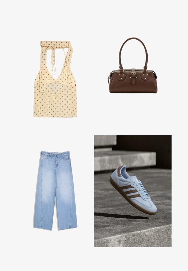 Beige haltertop met bruine polka dots en een diepe V-hals, voorzien van lange banden om rond de nek te strikken.; Lichtblauwe jeans met hoge taille en wijde pijpen, met voor- en achterzakken, riemlussen en een knoop- en ritssluiting.; Lichtblauwe sneaker met bruine suède accenten, voorzien van drie zijstrepen, platte veters en een getextureerde gumzool. Merkembleem op de tong.; Bruine leren handtas met twee handvatten, een centrale gespband en goudkleurige hardware, afgebeeld tegen een witte achtergrond.
