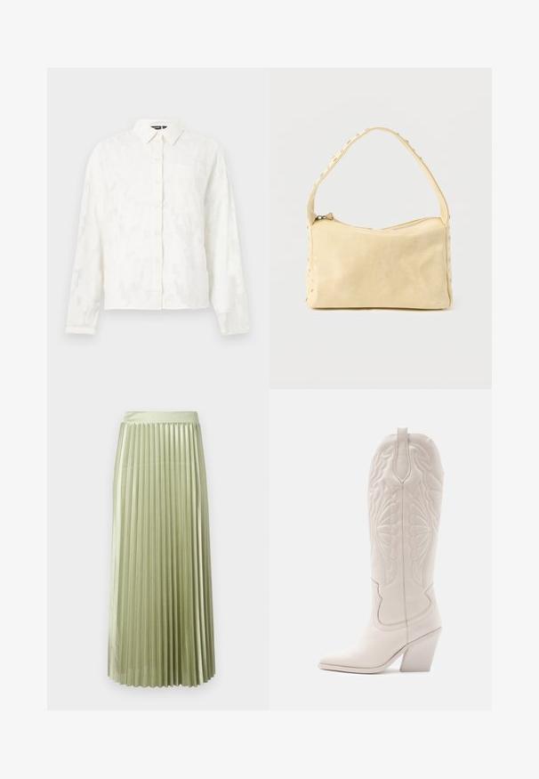 Camisa blanca de botones con un patrón floral texturizado, mangas largas, cuello y un único bolsillo en el pecho. Presenta un corte relajado.; Falda midi plisada en satén verde claro con una textura suave. Cintura ajustada, cae hasta la mitad de la pantorrilla, con pliegues verticales uniformes en toda la prenda.; Bota vaquera de cuero blanco con punta afilada y tacón bloqueado. Presenta patrones de costura intrincados en el caña y una textura suave.; Pequeño bolso de cuero beige con una sola correa y tachuelas plateadas a lo largo de los bordes y la correa, sobre un fondo liso.