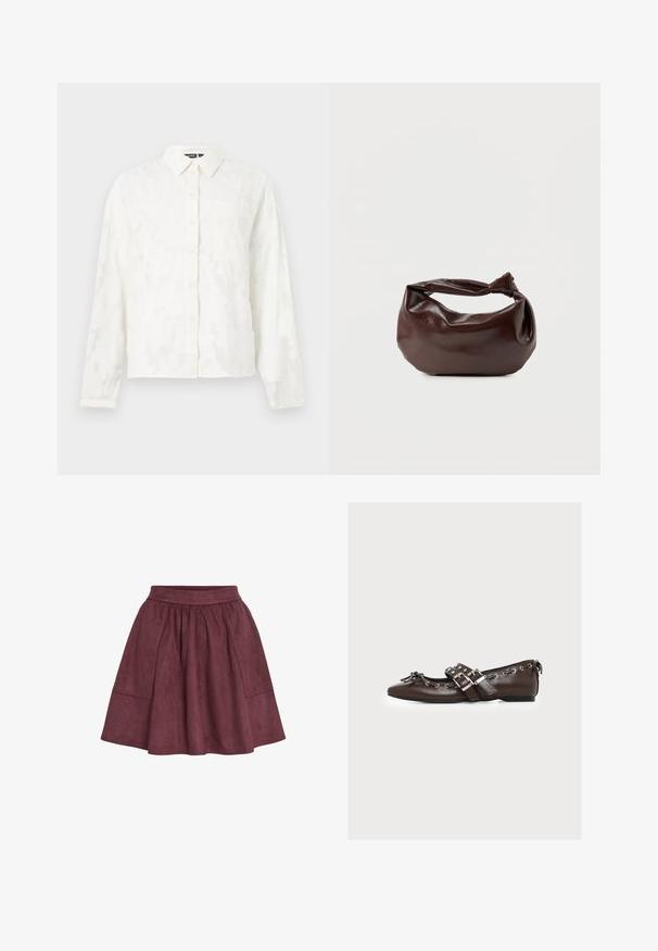 Camisa blanca de botones con un patrón floral texturizado, mangas largas, cuello y un único bolsillo en el pecho. Presenta un corte relajado.; Falda de ante burdeos con forma acampanada, cinturilla elástica y dos bolsillos laterales, que presenta una textura suave y un diseño minimalista.; Zapato plano de cuero marrón con doble correa con hebilla plateada, cordones decorativos a lo largo de los bordes y un pequeño lazo en la puntera puntiaguda.; Bolso de hombro de cuero marrón oscuro con una forma suave y caída, y un asa con nudo torcido sobre un fondo blanco liso.