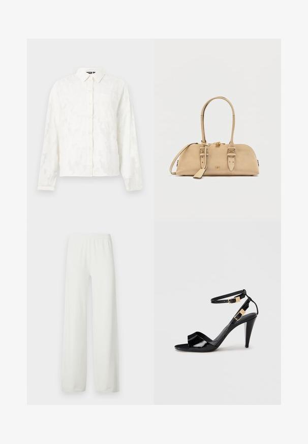 Camisa blanca de botones con un patrón floral texturizado, mangas largas, cuello y un único bolsillo en el pecho. Presenta un corte relajado.; Pantalones blancos de pierna ancha, hechos de tela suave y ligera. Cuentan con una cintura elástica y piernas de corte recto. Sin patrones ni acentos visibles.; Sандalia de tacón alto de charol negro con dobles correas en el tobillo y hebillas doradas, punta abierta y tacón delgado y afilado sobre un fondo neutro.; Bolso de cuero beige con asas largas, correas ajustables con hebilla, un pequeño logo metálico, cierre de cremallera y una etiqueta de cuero colgante.