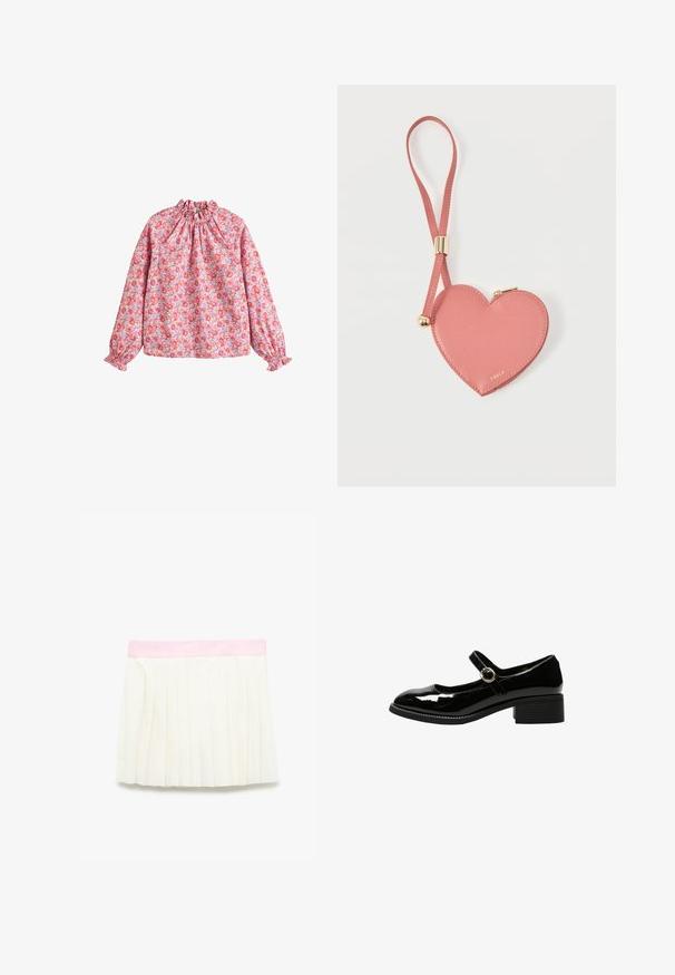 Blusa floral con escote y puños fruncidos, con un fondo rosa y flores rojas y moradas, hecha de una tela ligera.; Mini falda con pliegues en marfil y una cinturilla de suave color rosa. Presenta pliegues verticales y una textura suave, diseñada para un aspecto estructurado.; Zapato Mary Jane de charol negro con tacón bajo en bloque y correa con hebilla redonda dorada sobre fondo blanco.; Monedero de cuero rosa en forma de corazón con correa para la muñeca y cremallera dorada, con la marca "Furla" en pequeño texto dorado.