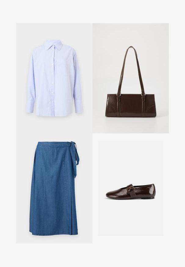 Lyseblå og hvidstribet button-up skjorte med krave, lange ærmer og en brystlomme. Fremstillet af glat bomuldsstof.; Blå denim omslagsnederdel med bindebånd i siden, knælængde til midt på læggen, vist mod en ensfarvet hvid baggrund.; Mørkebrun laklædersko med stor guldlås og rund tå, vist i sideprofil på hvid baggrund.; Brun lakeret håndtaske med rektangulær form, to lange håndtag og subtile buede detaljer på fronten.