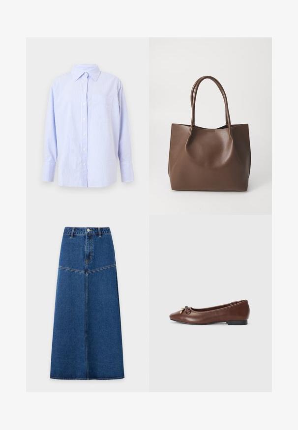 Lyseblå og hvidstribet button-up skjorte med krave, lange ærmer og en brystlomme. Fremstillet af glat bomuldsstof.; Blå denim midi nederdel med knapper foran og sømdetaljer, let udvidet fra taljen til kanten mod hvid baggrund.; Brune læderballetsko med rund tå, lille sort hæl og en dekorativ sløjfe med guldaccenter foran. Glat tekstur.; Brun læder tote taske med to lange håndtag, struktureret form, glat tekstur og minimalistisk design. Ingen synligt hardware eller accenter.