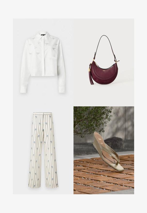 Chemise blanche à manches longues, courte, avec col, poche avant, fermeture à boutons et petits ornements argentés en forme de nœud papillon dispersés sur le devant.; Pantalons à jambes larges en tissu crème avec des rayures verticales foncées et une petite broderie florale bleue sur l'ensemble. Doté d'une taille cintrée.; Sandale à lanière en cuir beige avec le logo BOSS sur la semelle intérieure, flottant au-dessus d'une terrasse en lattes de bois avec du petit gravier entre les lattes.; Sac à main bordeaux en forme de croissant de lune avec bandoulière, pièces métalliques dorées, grande pampille latérale et petit logo "Lancel Paris" à l'avant.