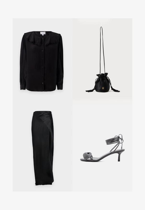 Blouse noire à manches longues avec un col volanté, des boutons sur le devant et des poignets fuselés. Fabriquée à partir d'un tissu lisse avec un léger éclat.; Jupe maxi en satin noir avec une fente sur le côté, texture lisse et design drapé. Présente une taille haute et une silhouette fluide.; Sandale à talon en cuir gris avec une bride nouée sur les orteils et des lacets enroulants autour de la cheville, sur un talon moyen et fin, sur fond blanc.; Sac seau noir à cordon avec une longue sangle fine et un petit logo carré doré sur le devant, présenté sur un fond uni.