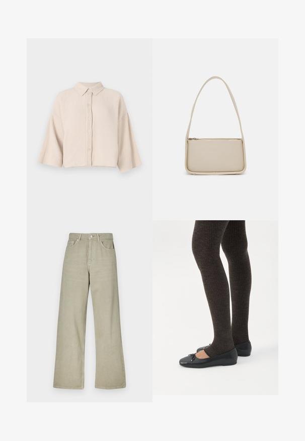 Kortærmet, knappet skjorte i en lys beige, krøllet stof. Har en spids krave og løse, brede ærmer for en afslappet pasform.; Khaki bredde ben jeans lavet af bomuldsblanding. Har en knaplukning, fem lommer og en ren, struktureret stofoverflade.; Ben iført mørke ribbede leggings kombineret med sorte balletsko med små sløjfedetaljer på hvid baggrund.; Even&Odd by Zalando Håndtasker - off white