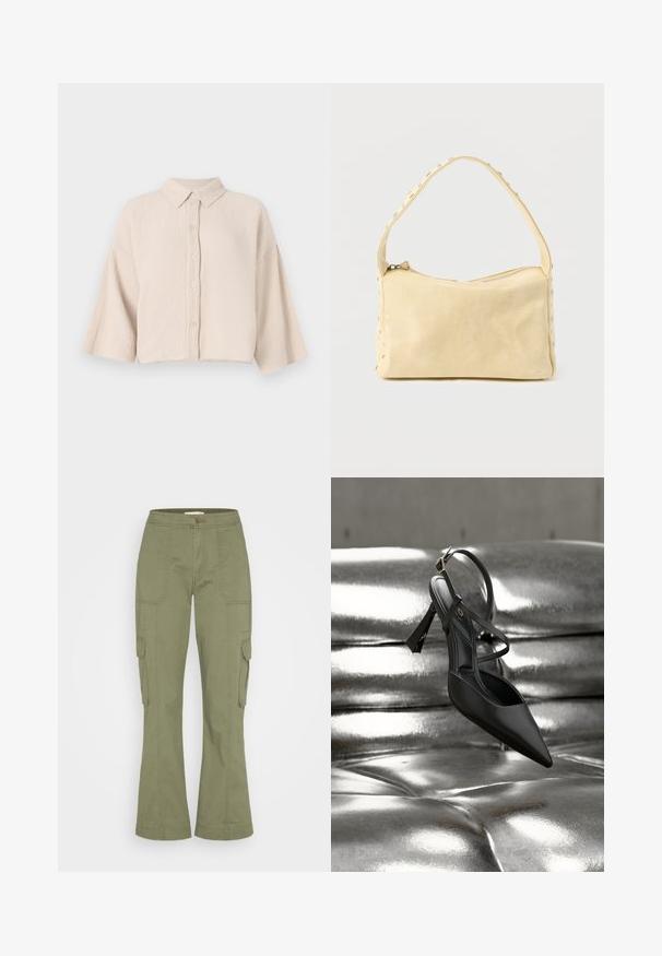 Kurzärmeliges, knopfbares Hemd aus leichtem beigen, zerknittertem Stoff. Verfügt über einen spitzen Kragen und lockere, weite Ärmel für eine lässige Passform.; Abercrombie & Fitch RELAXED WAIST PANT - Cargohose - dusty olive; Schwarzer High-Heel-Schuh mit spitzer Spitze und offenem Fersenbereich. Verfügt über einen dünnen Knöchelriemen und eine strukturierte Sohle. Elegantes, minimalistisches Design, unterstrichen durch einen glänzenden metallischen Hintergrund.; Kleine beige Ledertasche mit einem einzigen Riemen und silbernen Nieten entlang der Kanten und des Riemens, vor einem schlichten Hintergrund.