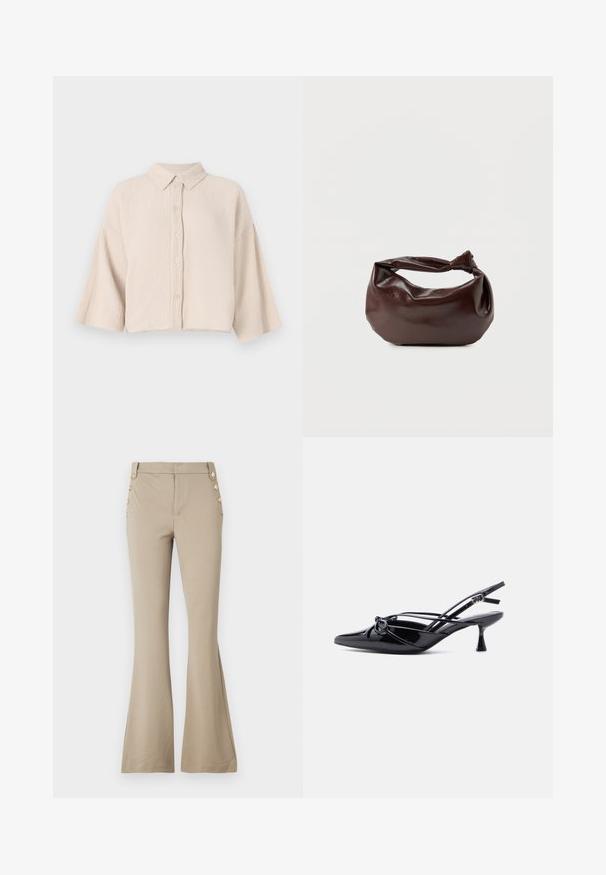 Korte mouwen, knoopsluiting overhemd in een lichtbeige, gekreukt materiaal. Beschikt over een puntige kraag en losse, brede mouwen voor een relaxte pasvorm.; Beige flare broek gemaakt van zacht stof, met een aansluitende taille en vijf decoratieve gouden knopen aan elke kant. Gladde textuur zonder patronen.; Zwarte slingback pump van lakleer met een spits toelopende neus, lage kittenhak en decoratieve knoopstrik aan de voorkant.; Donkerbruine leren schoudertas met een zachte, slungelige vorm en een gedraaide knoopvormige handgreep op een effen witte achtergrond.