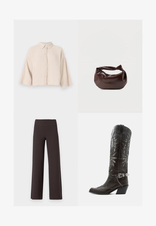 Chemise à manches courtes, à boutons, en tissu beige clair froissé. Dotée d'un col pointu et de manches larges et décontractées pour un ajustement confortable.; Pantalons larges en tissu brun foncé, avec une texture lisse, une taille haute et des fentes latérales pour un détail supplémentaire.; Botte de cowboy en cuir noir avec découpes décoratives, boucle argentée et talon incliné, présentée sur fond blanc.; Sac bandoulière en cuir marron foncé avec une forme souple et décontractée et une anse nouée torsadée sur un fond blanc uni.