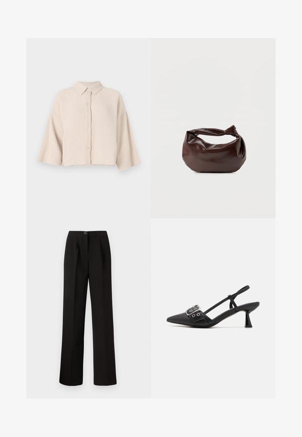 Korte mouwen, knoopsluiting overhemd in een lichtbeige, gekreukt materiaal. Beschikt over een puntige kraag en losse, brede mouwen voor een relaxte pasvorm.; Zwarte broek met een recht gesneden ontwerp, voorzien van voorplooien, een knoopsluiting en een gladde, gestructureerde stof.; Simmi London DALA - Klassieke pumps - black; Donkerbruine leren schoudertas met een zachte, slungelige vorm en een gedraaide knoopvormige handgreep op een effen witte achtergrond.