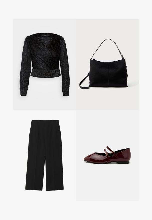 Top noir à manches longues en voile transparent et à motif léopard texturé. Le tissu est lisse avec une silhouette ajustée et un décolleté en V.; Pantalons larges noirs en tissu lisse, avec deux poches avant, un devant plat, et une fermeture éclair sur le côté.; Anna Field by Zalando Babies - dark red; Sac à bandoulière noir avec une surface lisse et texturée, doté d'une seule sangle et d'une fermeture éclair en haut. Forme rectangulaire compacte.