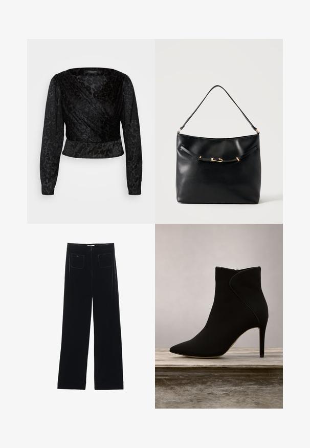 Top noir à manches longues en voile transparent et à motif léopard texturé. Le tissu est lisse avec une silhouette ajustée et un décolleté en V.; Pantalons larges en velours noir avec deux poches arrière et une texture lisse, présentant une coupe droite et une finition ourlée aux chevilles.; Botte de cheville noire avec un bout pointu, texture lisse, haut talon aiguille et accents beiges contrastants le long des coutures.; Sac à épaule en cuir noir avec une bandoulière unique et un petit détail de boucle dorée à l'avant, sur un fond clair uni.