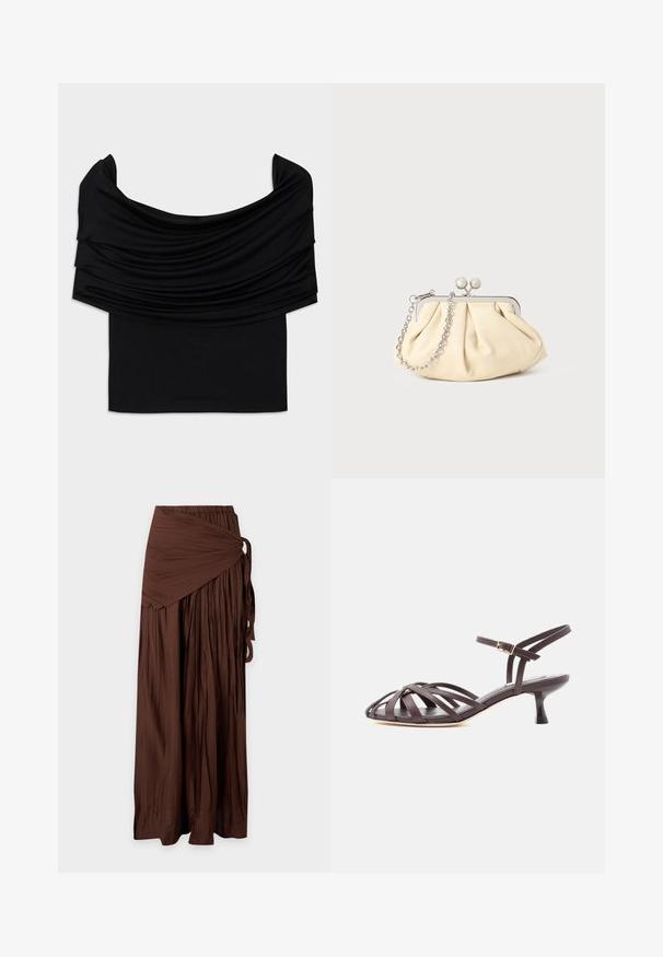 Top noir décolleté avec un tissu drapé, texture douce et design ajusté. Présente un ourlet lisse et minimal à la taille.; Longue jupe plissée marron avec détail portefeuille et fermeture par lien sur le côté, en tissu léger, présentée sur fond blanc.; Sandale à talon kitten en cuir marron foncé avec lanières et bride de cheville réglable à boucle sur fond blanc.; Pochette en cuir beige plissé avec un cadre en métal argenté, dotée de deux fermoirs ronds décoratifs et d'une chaîne en argent.