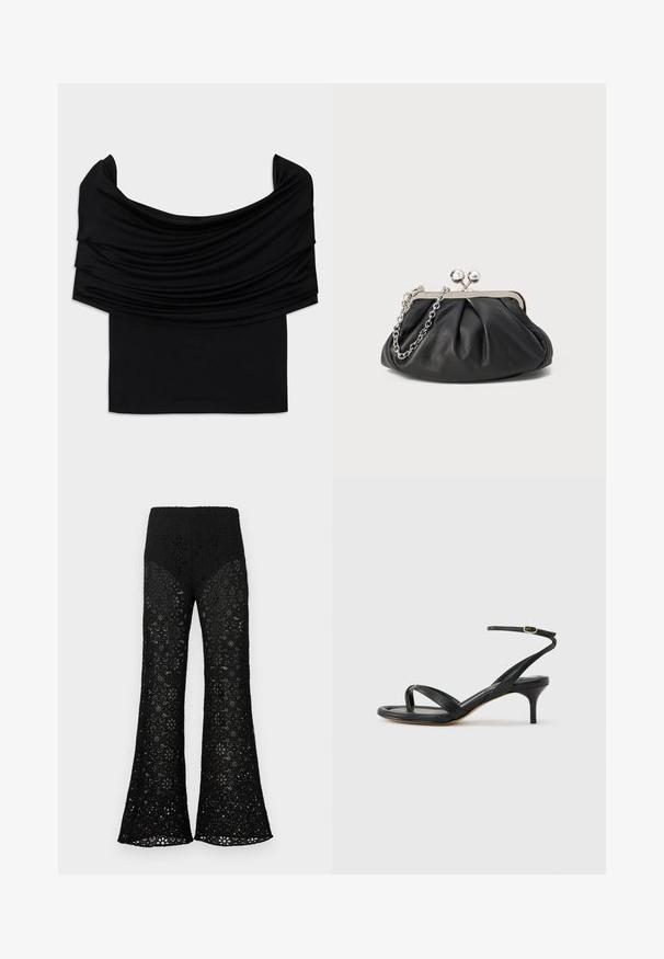 Sort off-shoulder top med draperet stof, blød tekstur og en tætsiddende pasform. Har en glat, minimal kant ved taljen.; Sorte blonder bukser med høj talje og flared ben, med blomsterudskæringsmønstre over hele stoffet.; Sort damesandal i læder med tynde remme, en tå-loop, ankelspænde og en mellemhøj stiletthæl på en neutral baggrund.; Sort læder clutch med samlet tekstur, sølvfarvet metalramme, kys-lås lukning og kædestrop. Glat, blød overflade.