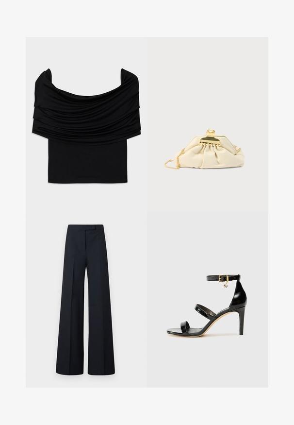 Sort off-shoulder top med draperet stof, blød tekstur og en tætsiddende pasform. Har en glat, minimal kant ved taljen.; Sort, højtaljede bukser med vide ben og plisseringer, skjult frontlukning og en tætsiddende taljekant.; Sorte patenterede lædersandaler med tre stropper, ankelspænde og 10 cm stiletthæl. Har detaljer i guld og et logo charms.; Kremfarvet clutchtaske lavet af blødt materiale, med guldlås og kæderem, og med et smock-design på taskens overflade.