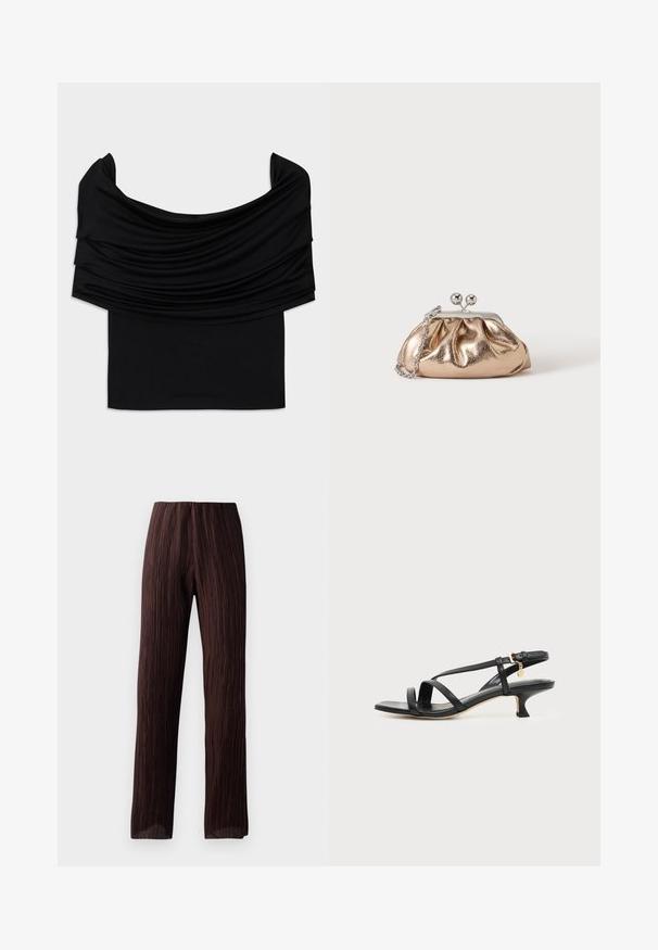 Sort off-shoulder top med draperet stof, blød tekstur og en tætsiddende pasform. Har en glat, minimal kant ved taljen.; Brune brede bukser med plisseret tekstur, høj talje og et flydende design. Fremstillet af letvægtsstof. Ingen synlige lukninger.; Sort læder sandal med lav, tynd hæl, ankelspænde og lille guldkæde mod en lys, ensartet baggrund.; Lille gylden metalisk clutch taske med sølvspænde og kæderem på ensartet lyst baggrund.