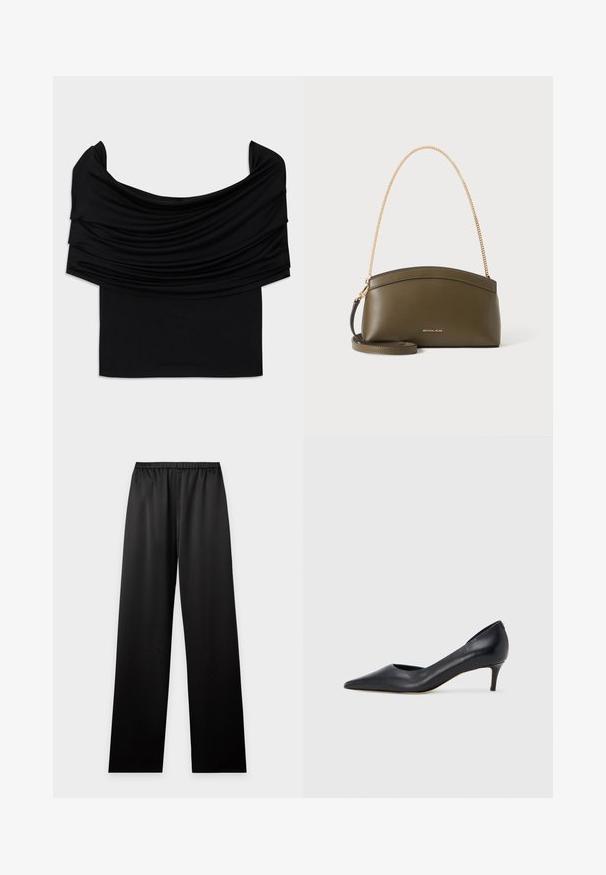 Zwarte off-shoulder top met gevallen stof, zachte textuur en een getailleerd ontwerp. Kenmerkt zich door een gladde, minimalistische zoom op de taille.; Zwarte loszittende broek met elastische tailleband, rechte pijpen en gladde stof, getoond op een effen lichte achtergrond.; Zwarte leren pump met een puntige neus en lage hak. Heeft een gladde textuur en een subtiele glans. Open uitsparing aan de voorkant voor extra detail.; Olijfgroene Michael Kors-handtas met gouden kettingschouderband, gebogen bovenkant en klein goud logo aan de voorkant, getoond tegen een witte achtergrond.