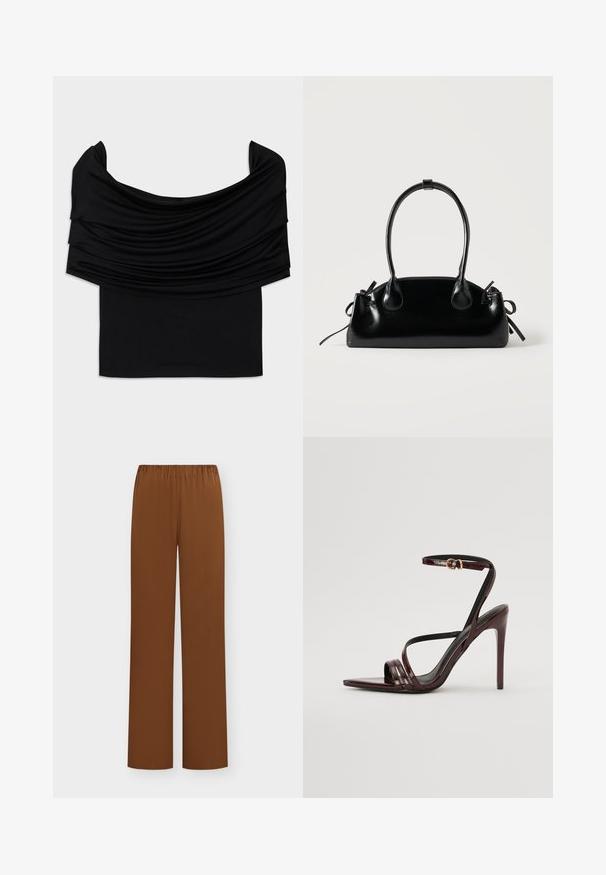 Sort off-shoulder top med draperet stof, blød tekstur og en tætsiddende pasform. Har en glat, minimal kant ved taljen.; Brune løstsiddende bukser med elastisk talje og lige ben, vist mod en ensfarvet lys baggrund.; Bordeaux laker læder højhælede sandal med ankelrem, spids tå og tre vandrette remme over foden. Detalje med spænde i guldtonet.; Lille sort blank håndtaske med to lange håndtag og snøre-detaljer i siden på en ensfarvet lys baggrund.