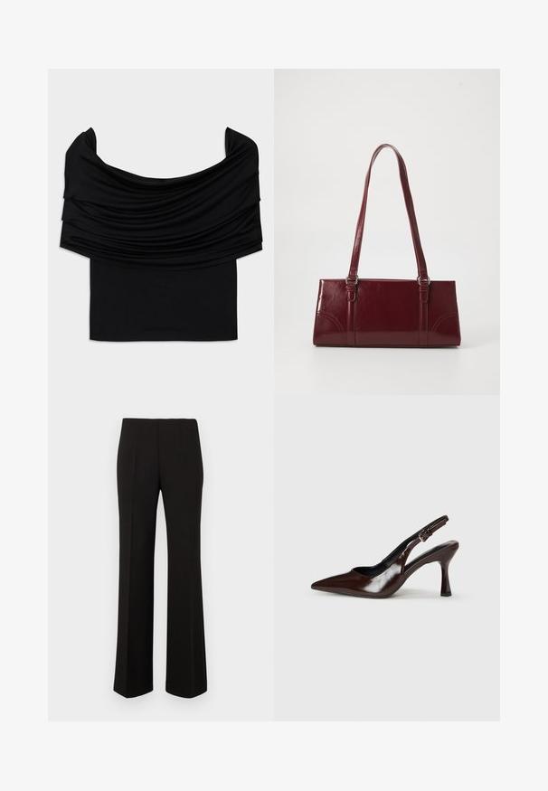 Top noir décolleté avec un tissu drapé, texture douce et design ajusté. Présente un ourlet lisse et minimal à la taille.; Pantalons droits noirs sur mesure avec taille haute et plis devant, présentés sur un fond uni.; Talons slingback en cuir verni brun avec un bout pointu, un talon fin, et une sangle réglable avec une petite boucle.; Sac à main bordeaux en matériau brillant, de forme rectangulaire, avec deux anses et des accents légèrement courbés à l'avant.