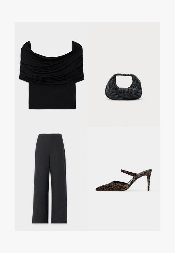 Zwarte off-shoulder top met gevallen stof, zachte textuur en een getailleerd ontwerp. Kenmerkt zich door een gladde, minimalistische zoom op de taille.; Zwarte wijde broek met een hoge taille en subtiele geborduurde patronen bij de onderzoom op een effen achtergrond.; Bruine en zwarte luipaardprint muilezel op hoge hak met spitse neus en een dun bandje over de bovenzijde van de voet.; Zwarte geweven hobo-tas met een zachte structuur en geïntegreerd handvat, weergegeven op een effen lichte achtergrond.