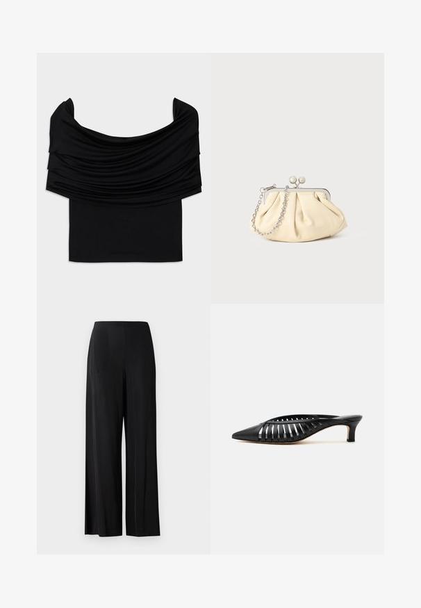 Zwarte off-shoulder top met gevallen stof, zachte textuur en een getailleerd ontwerp. Kenmerkt zich door een gladde, minimalistische zoom op de taille.; Zwarte, wijde broek van gladde stof, met een hoge tailleband en geen zichtbare zakken of hardware. Vloerlange stijl.; Zwarte leren mule met puntige neus, riemdesign met uitsnijdingen en lage kittenhiel op een witte achtergrond.; Geplooide beige leren clutch met een zilveren metalen frame, voorzien van twee ronde decoratieve sluitingen en een zilveren kettingriem.