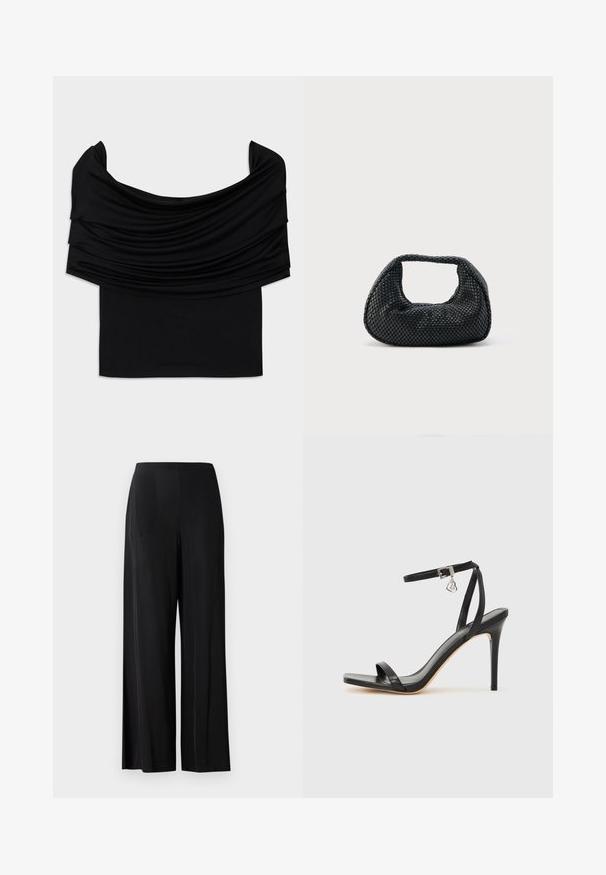 Sort off-shoulder top med draperet stof, blød tekstur og en tætsiddende pasform. Har en glat, minimal kant ved taljen.; Sorte, brede bukser lavet af glat stof, med en høj talje og uden synlige lommer eller hardware. Gulvlængde design.; Sort hæl-sandal med smal ankrem, firkantet tå-boks, glat lædermateriale og metalspænde som pynt.; Sort flettet hobo-taske med blød struktur og integreret håndtag, vist på en ensfarvet lys baggrund.
