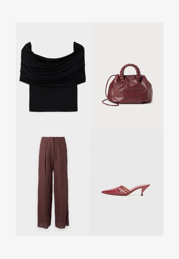 Sort off-shoulder top med draperet stof, blød tekstur og en tætsiddende pasform. Har en glat, minimal kant ved taljen.; Mørkebrune bukser med høj talje, brede ben, forreste plisseringer og struktureret talje, lavet af letvægtsstof.; Røde lædermules med spids tå og lav hæl, med udskårne sideaccenter og en glat tekstur. Slankt og strømlinet design.; Burgundy lædertaske med et flet-håndtag, blød tekstur og en rund form. Har en aftagelig skulderrem for alsidighed.