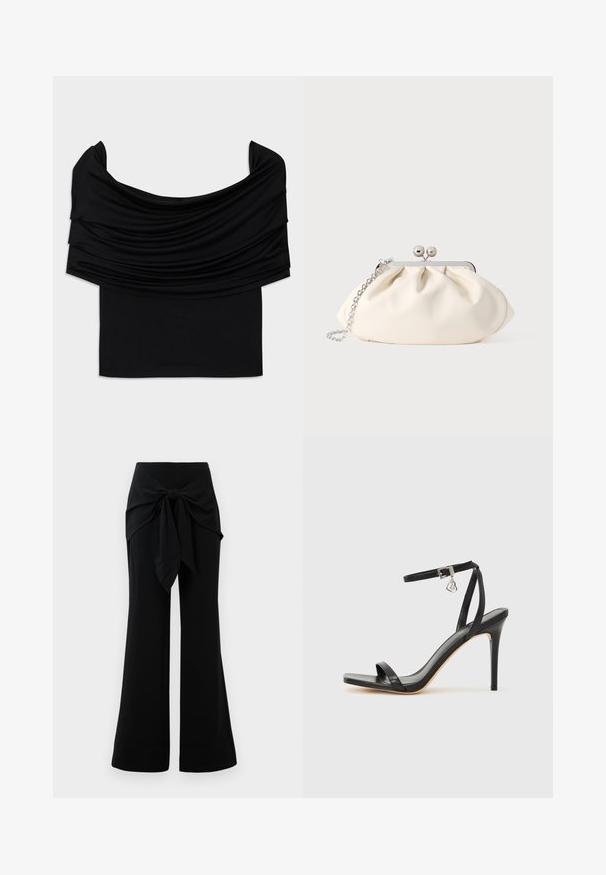 Zwarte off-shoulder top met gevallen stof, zachte textuur en een getailleerd ontwerp. Kenmerkt zich door een gladde, minimalistische zoom op de taille.; Zwarte wijde broeken met een tailleband detail. Gemaakt van zachte stof, met een gladde textuur en strakke lijnen. Zoom licht uitlopend.; Zwarte sandaal met hoge hak, smalle enkelband, vierkante neus, soepel leermateriaal en metalen gespsluiting.; Crèmekleurige stoffen clutch met een geplooid ontwerp, een zilverkleurig metalen frame, twee decoratieve balletjes en een zilveren kettingriem.