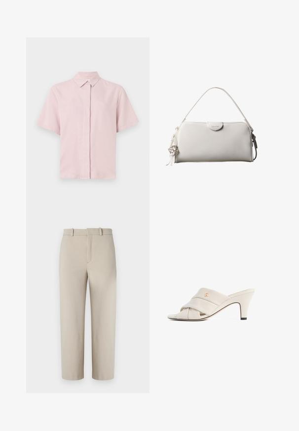 Chemise courte à manches courtes rose clair avec un col classique et une fermeture à boutons sur le devant. Fabriquée en tissu lisse avec une coupe légèrement décontractée.; Pantalons beiges coupés, design ajusté, devant plat avec fermeture éclair dissimulée, deux poches latérales, fabriqués en tissu en coton mélangé lisse.; Mules à talons hauts beiges avec un design de bride en cuir torsadé, bout ouvert et motif de logo en relief. Le talon présente un détail d'embout noir.; Sac à main rectangulaire blanc Calvin Klein avec une seule poignée, design minimaliste et pampilles décoratives avec un charm métallique géométrique sur le côté.