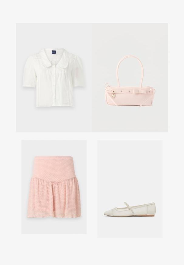 Blusa blanca de manga corta con cuello y cierre de botones, que presenta pliegues verticales sutiles y acentos texturizados a lo largo de los lados.; Minifalda rosa claro con textura, cintura ancha y detalle de tela fruncida sobre un fondo liso.; Zapato plano de punta puntiaguda en color blanco hueso con correa adornada con perlas y tacón bajo de madera, vista lateral sobre un fondo claro.; Bolso rectangular de color rosa pálido con doble asa, lazo decorativo, ojales metálicos y un pequeño colgante en forma de corazón sobre un fondo liso.